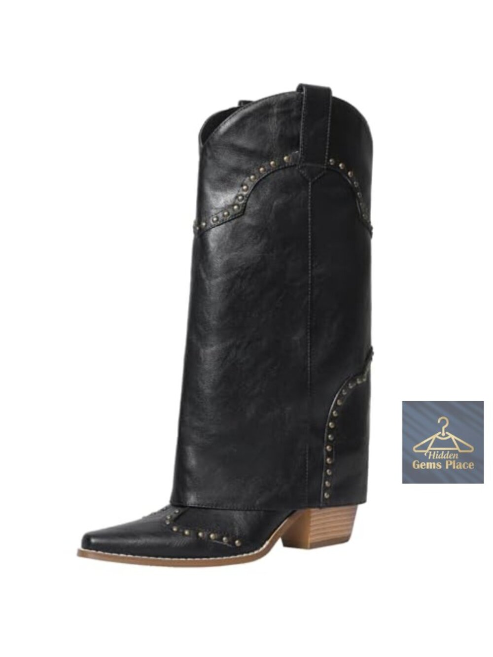 RONILURN Knee High Cowboy Boots for Women Faux Leather Block Heel Snip Toe